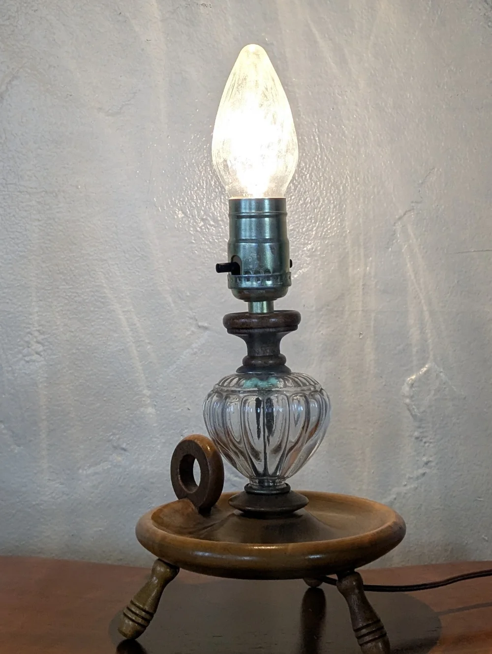 Vintage Mid-Century Footed Wood & Glass Finger Lamp Rustic Cottagecore Farmhouse